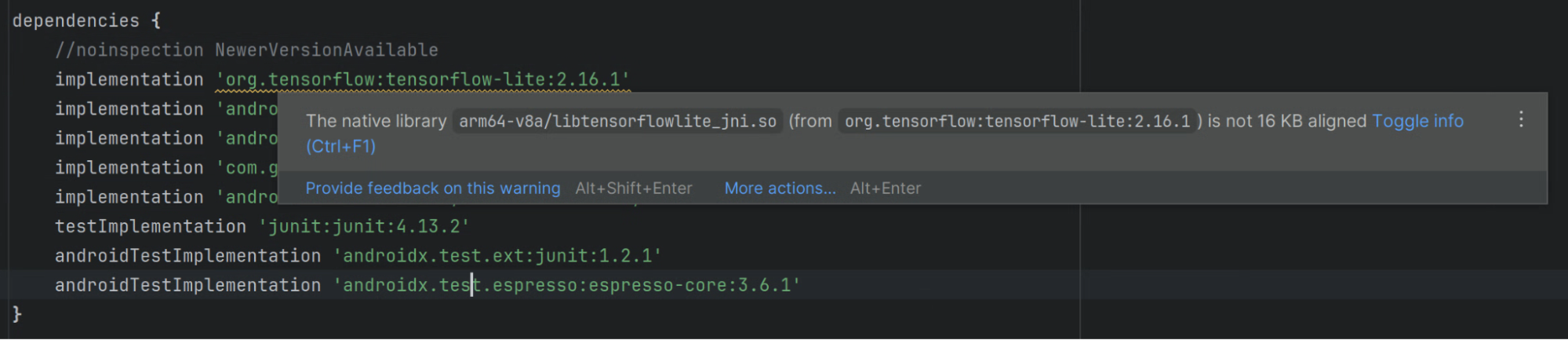 Studio linter 针对未对齐的原生库发出警告