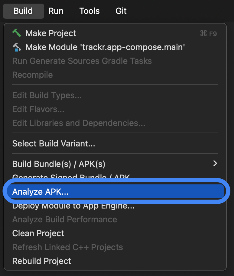Opción del menú Build de Studio para iniciar el APK
Analizador