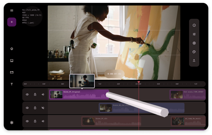 App de editor de video con una pluma stylus que arrastra la línea de tiempo del video que se muestra.