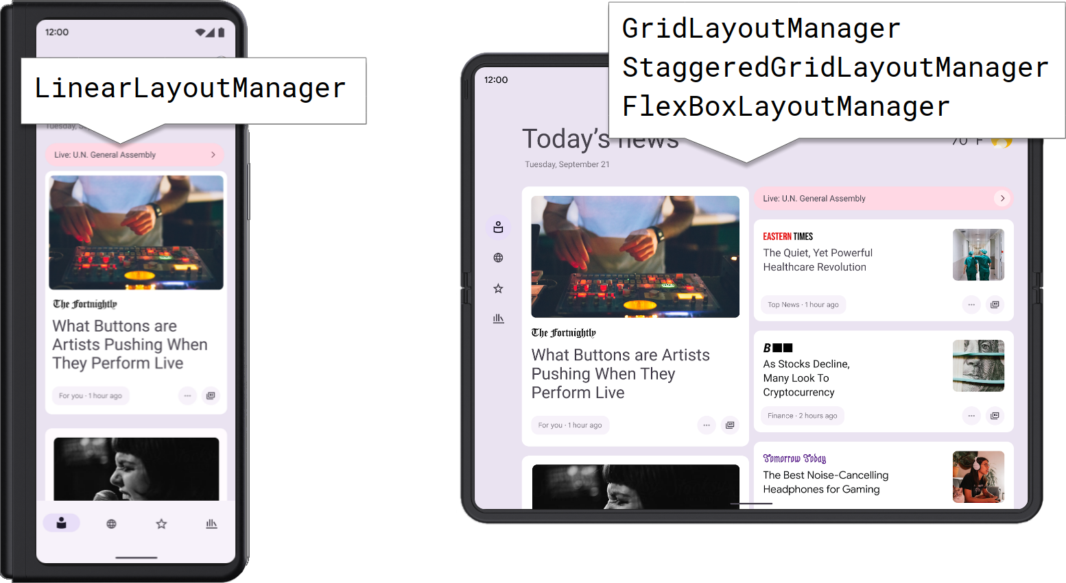 A device folded and unfolded showing how different layout managers lay out the app differently based on width size class.