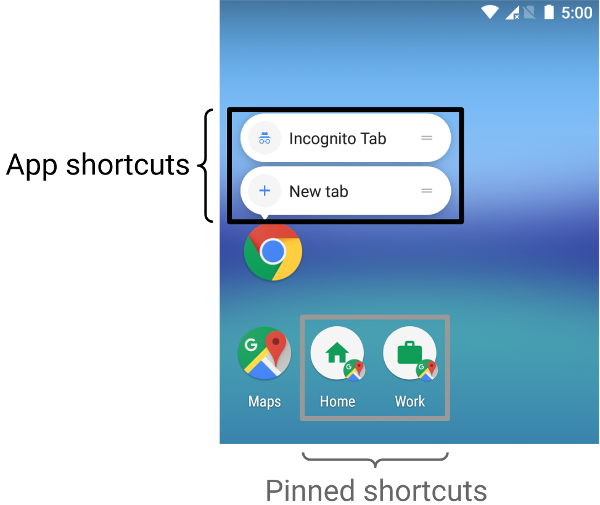 Screenshot yang menunjukkan perbedaan antara pintasan app
  dan pintasan yang dipasangi pin