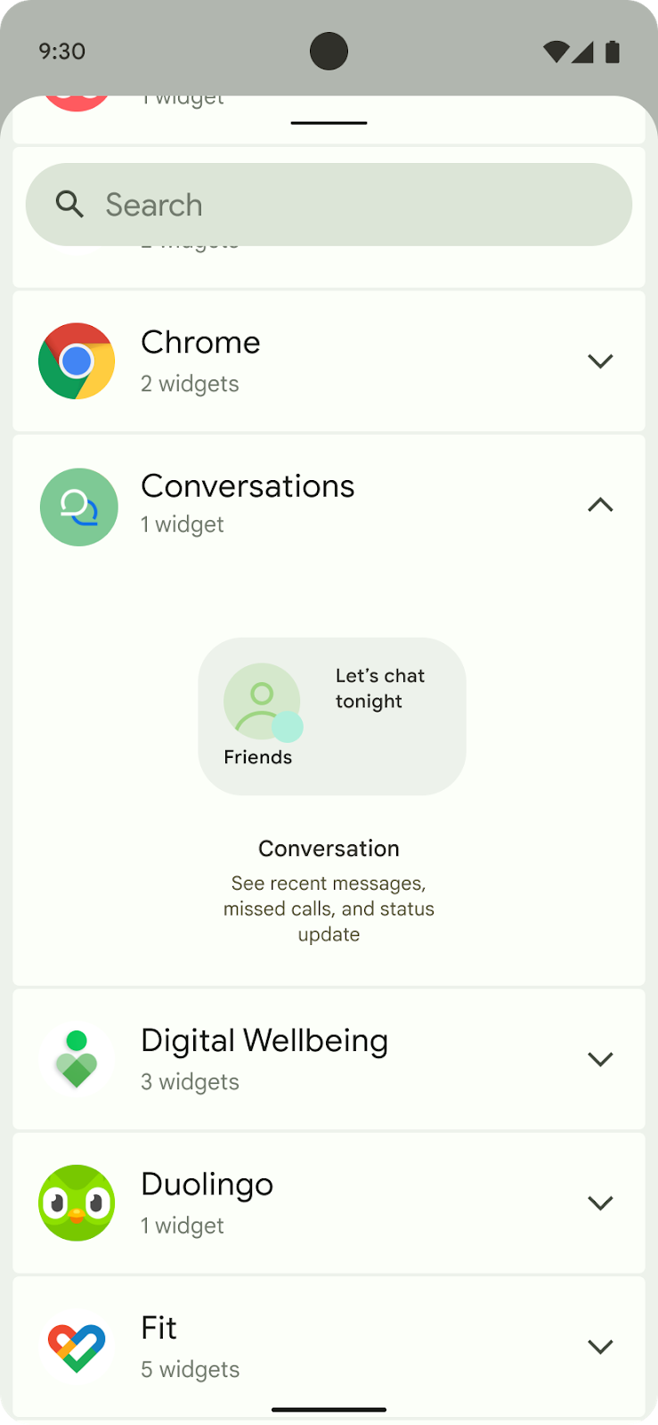 UI du sélecteur de widgets pour ajouter un widget de conversation