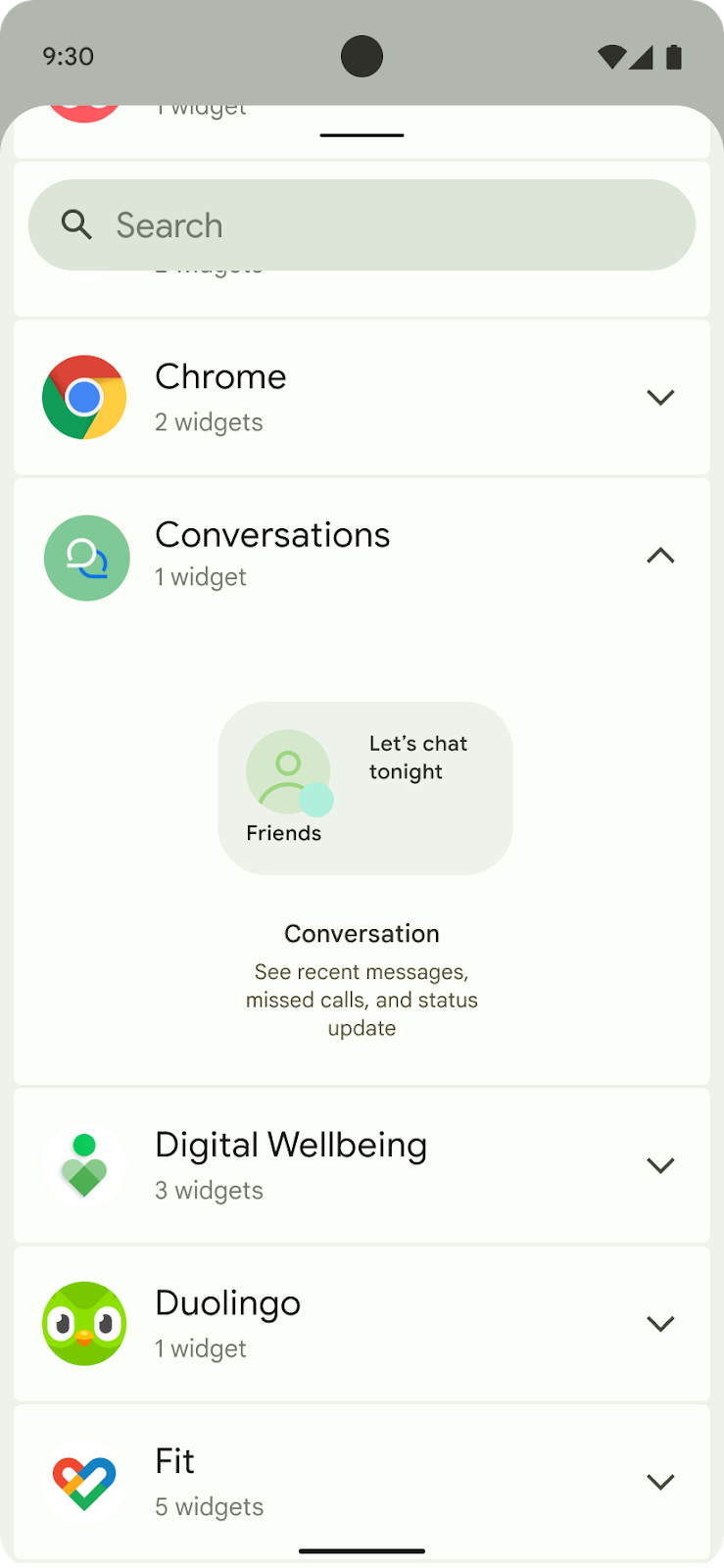 واجهة مستخدم أداة اختيار الأداة لإضافة تطبيق مصغّر جديد للمحادثات