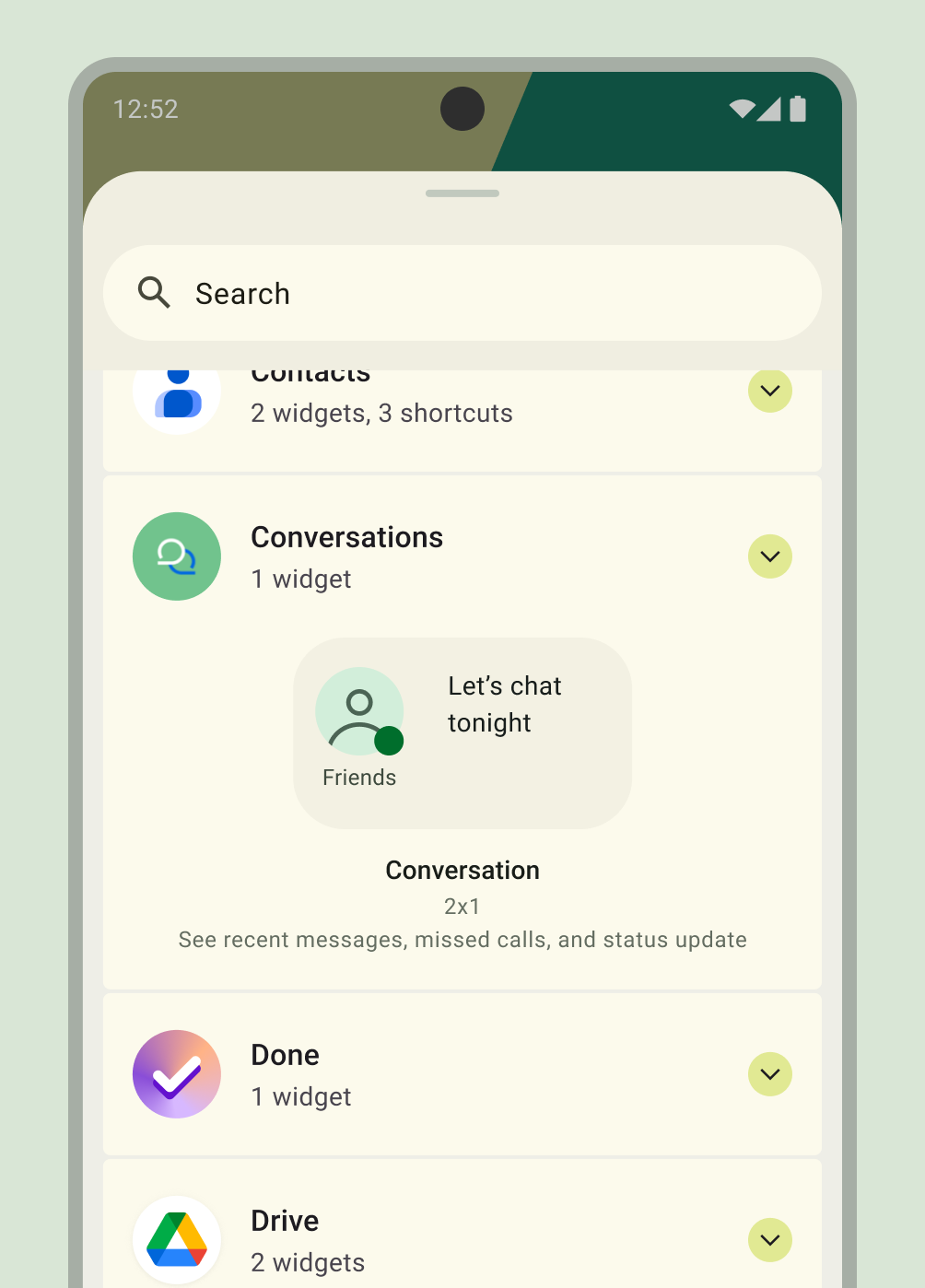 IU del selector de widgets para agregar un widget de conversación nuevo