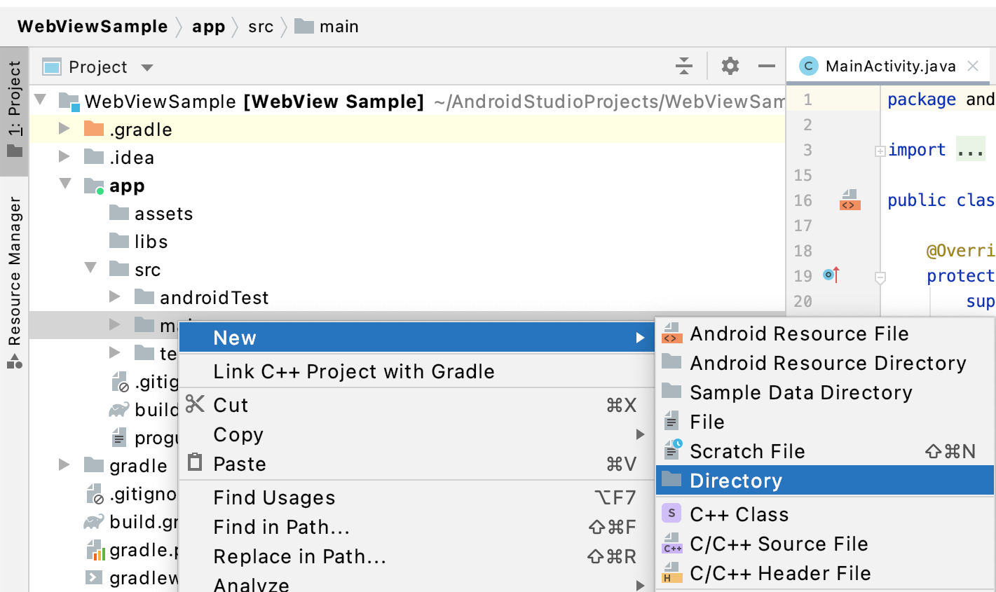 Bild, das die Menüs „Verzeichnis erstellen“ in Android Studio zeigt