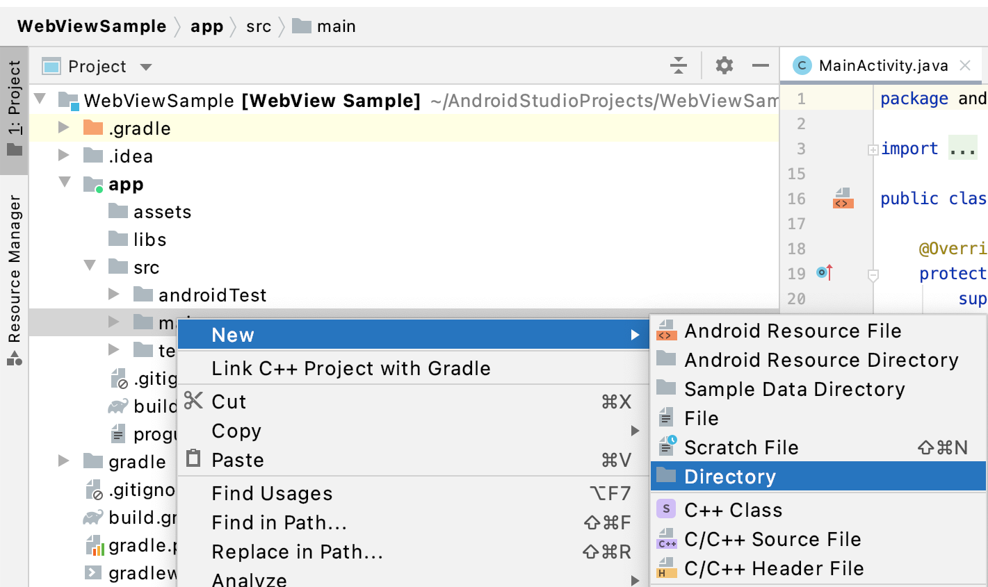 Imagen que muestra los menús de creación del directorio de Android Studio