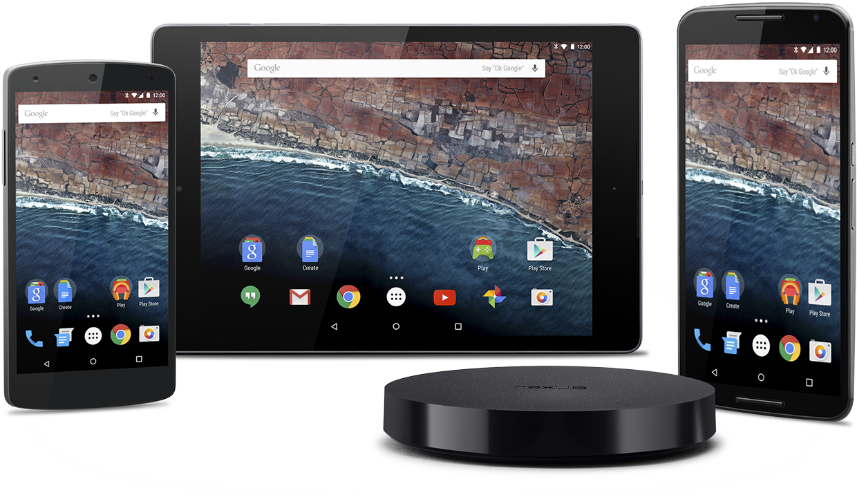 Assorted display of devices including a tablet, mobile phones, and a speaker showcasing Android 6.0