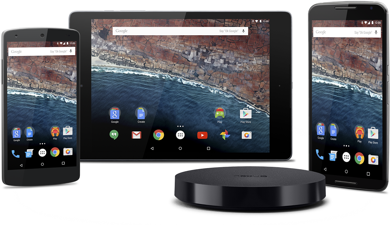 Pantalla variada de dispositivos, como una tablet, teléfonos celulares y una bocina, que muestran Android 6.0