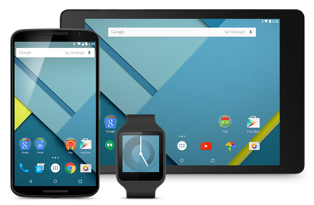 各种设备屏幕，包括手表、移动设备和横向模式平板电脑，展示着 Android 5.0