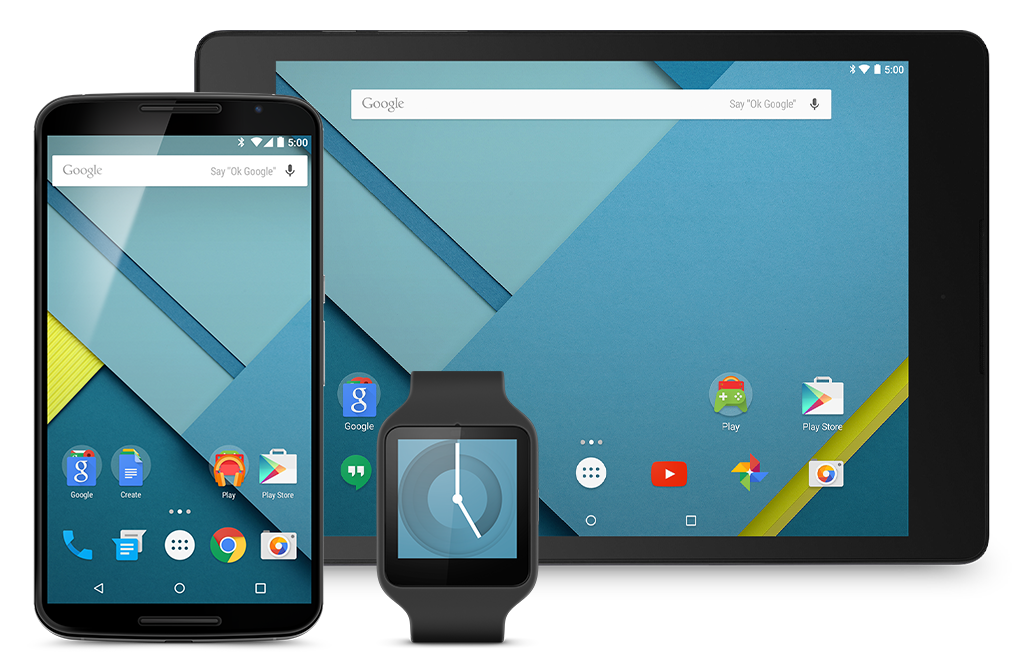 Berbagai tampilan perangkat termasuk smartwatch, perangkat seluler, dan tablet berorientasi lanskap yang menampilkan Android 5.0