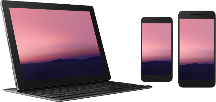 Różnorodna gama urządzeń, w tym laptop, duży i mały telefon komórkowy z Androidem 7.0.