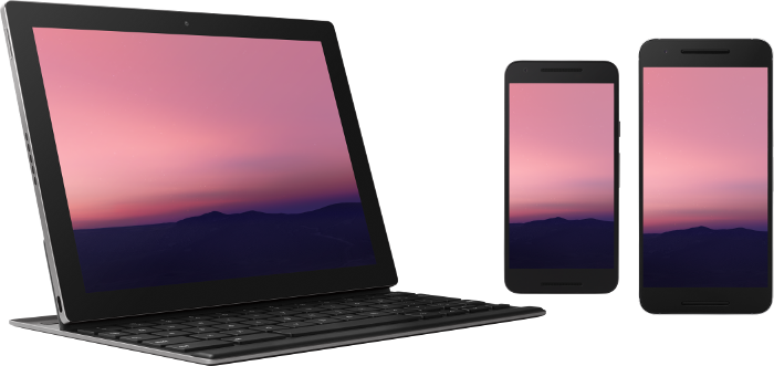 Android 7.0 を搭載したノートパソコンや大小のスマートフォンなど、さまざまなデバイスのディスプレイ