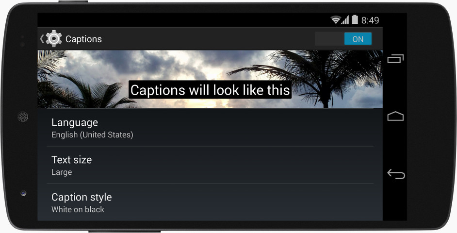 Auf einem Mobilgerät im Querformat werden Untertitel in systemweiten Einstellungen für Untertitel angezeigt.