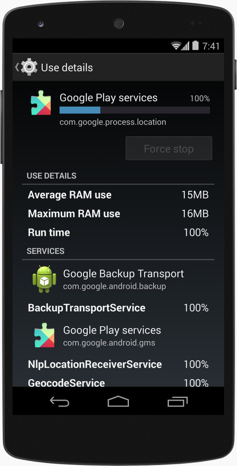 Detalhes de uso da vitrine para dispositivos móveis na nova opção &quot;Process Stats&quot;