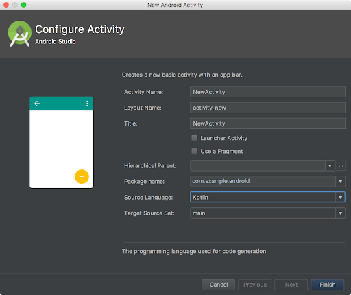 boîte de dialogue permettant de choisir Kotlin comme langage source