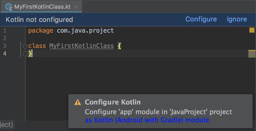 warning dialog that prompts you to configure Kotlin for your project