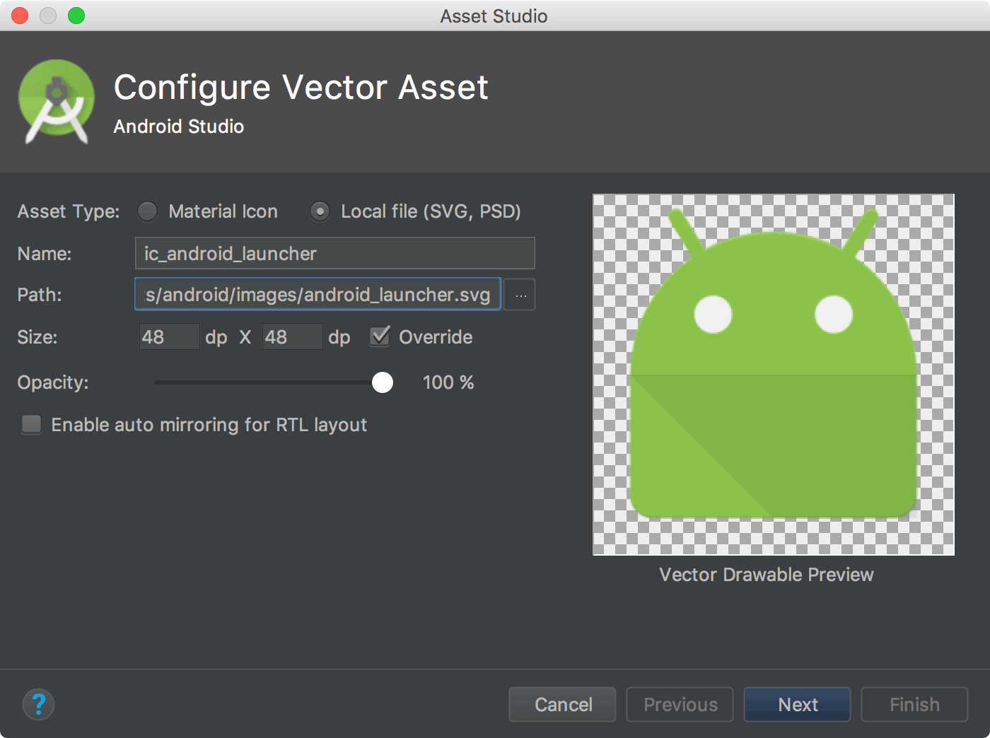 תמונה שמראה איך לייבא קובצי SVG ב-Android Studio