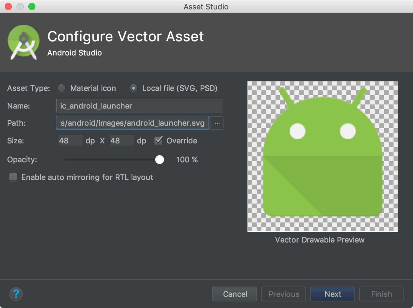 Android Studio で SVG をインポートする方法を示す画像