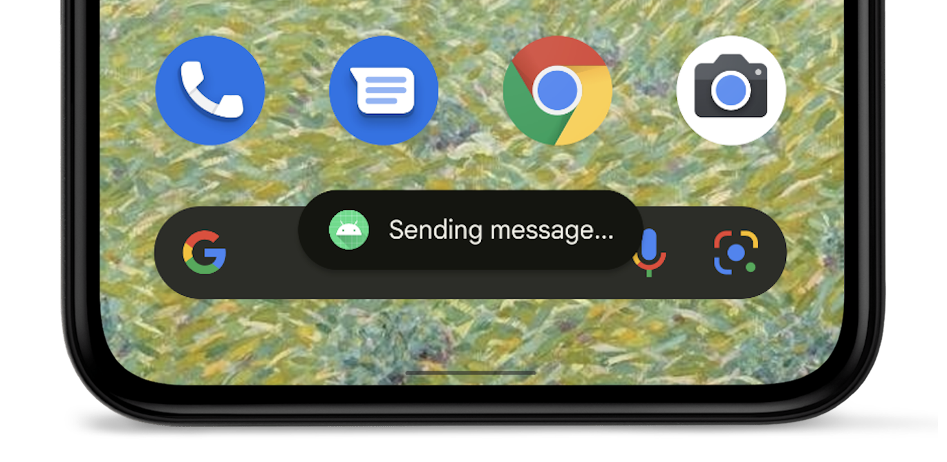 Image of Android device showing a toast popup reading
            'Sending message' next to an app icon