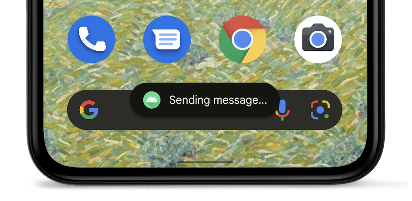 Imagem do dispositivo Android mostrando um pop-up de aviso
            &quot;Enviando mensagem&quot; ao lado de um ícone do app