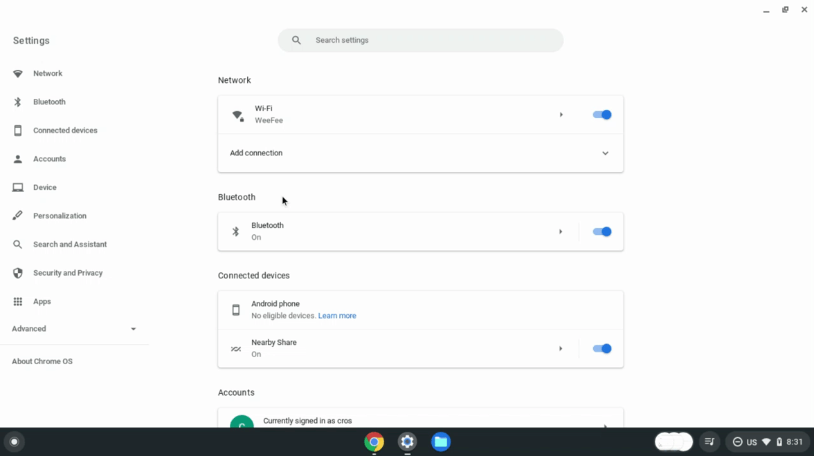 Turning on Linux in ChromeOS settings.