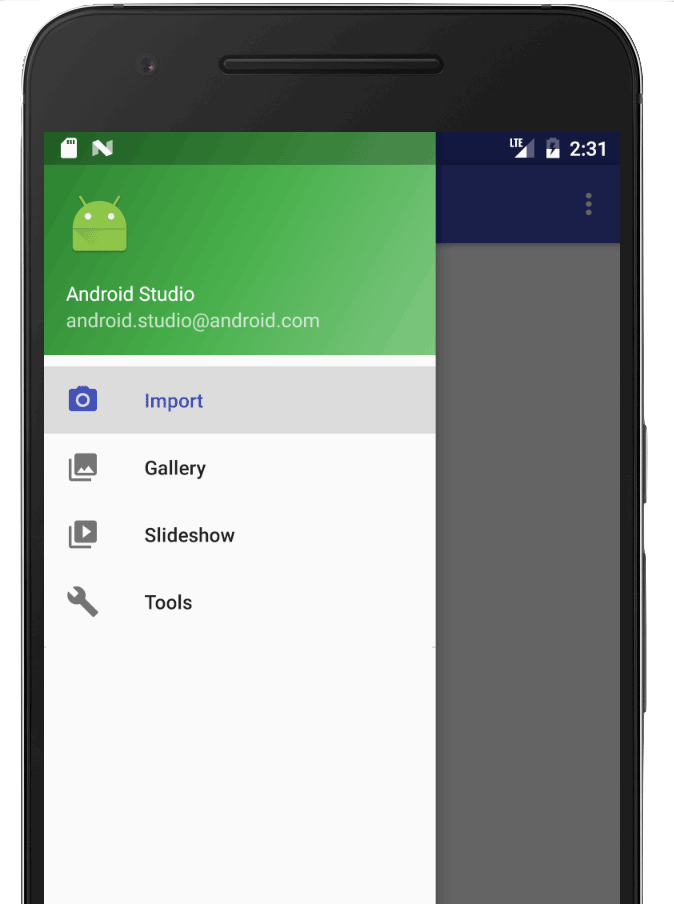 an open drawer displaying a navigation menu