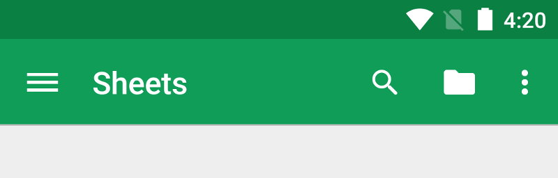 Una imagen que muestra una barra de la aplicación verde, con un menú de opciones y tres íconos de acción