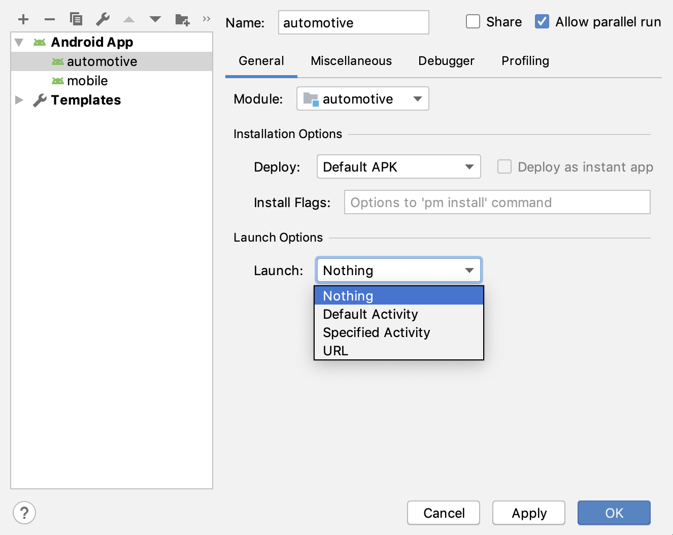 “Run/Debug Configurations”对话框。