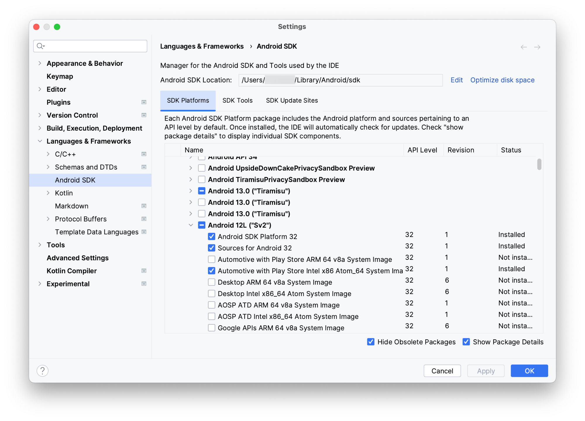 Liste der SDK Platform-Komponenten, die ein generisches System-Image ausgewählt haben.