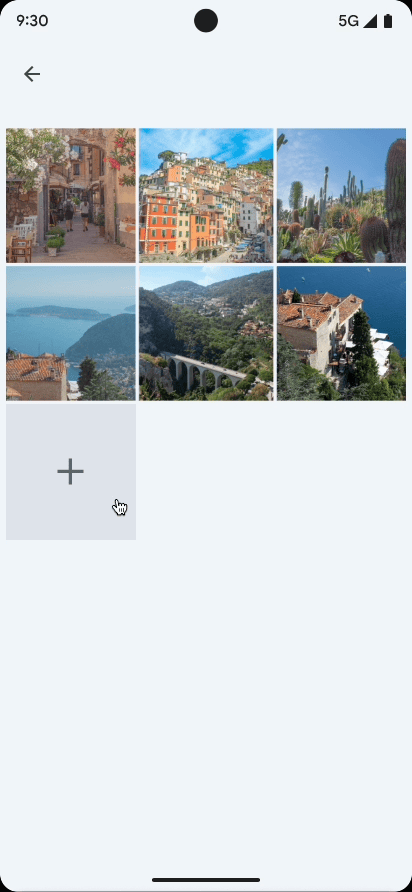 Photo picker dialog appears with media files on your device. Select a photo to share with the app.