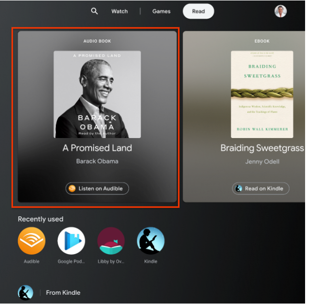 entertainment space ui showing a highlighted book item in
            the discover area