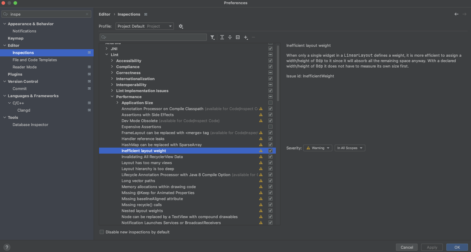 一张图片，显示 Android Studio 的“Inspections”菜单