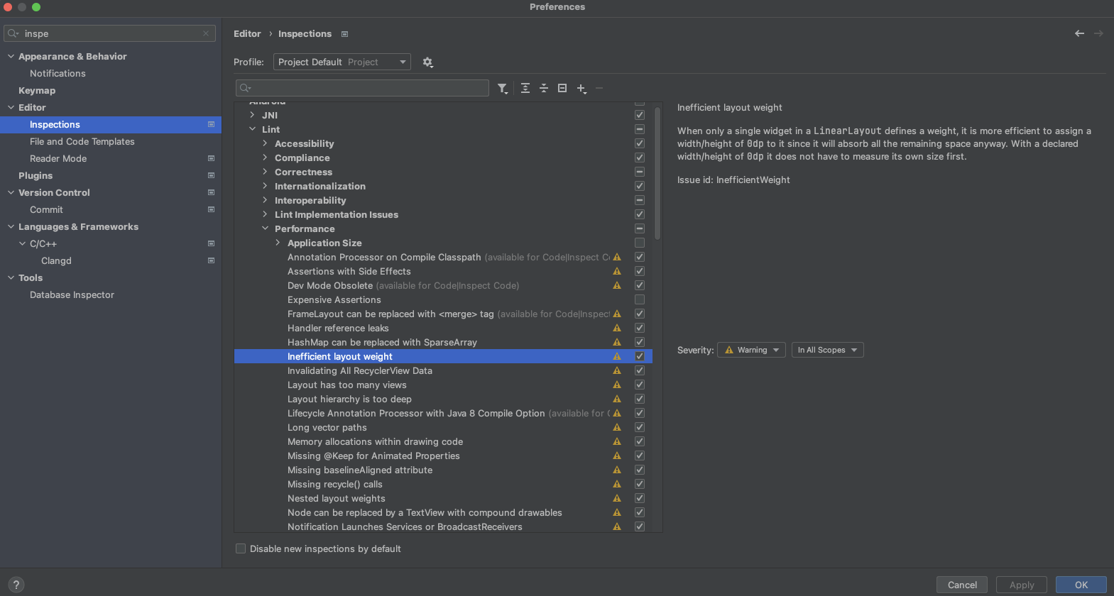 Ilustracja pokazująca menu inspekcji Android Studio