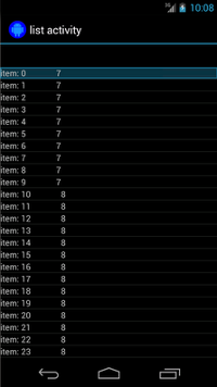 The list activity currently shown on the screen contains a list with
          23 items. Each item has a number, stored as a String, mapped to a
          different number, which is stored as an Object instead.