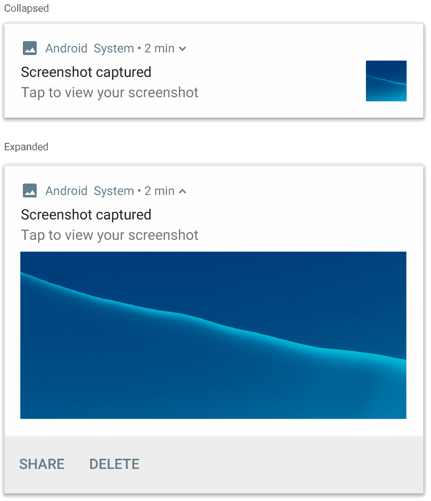 Una imagen que muestra una notificación contraída y una notificación expandida con una imagen azul