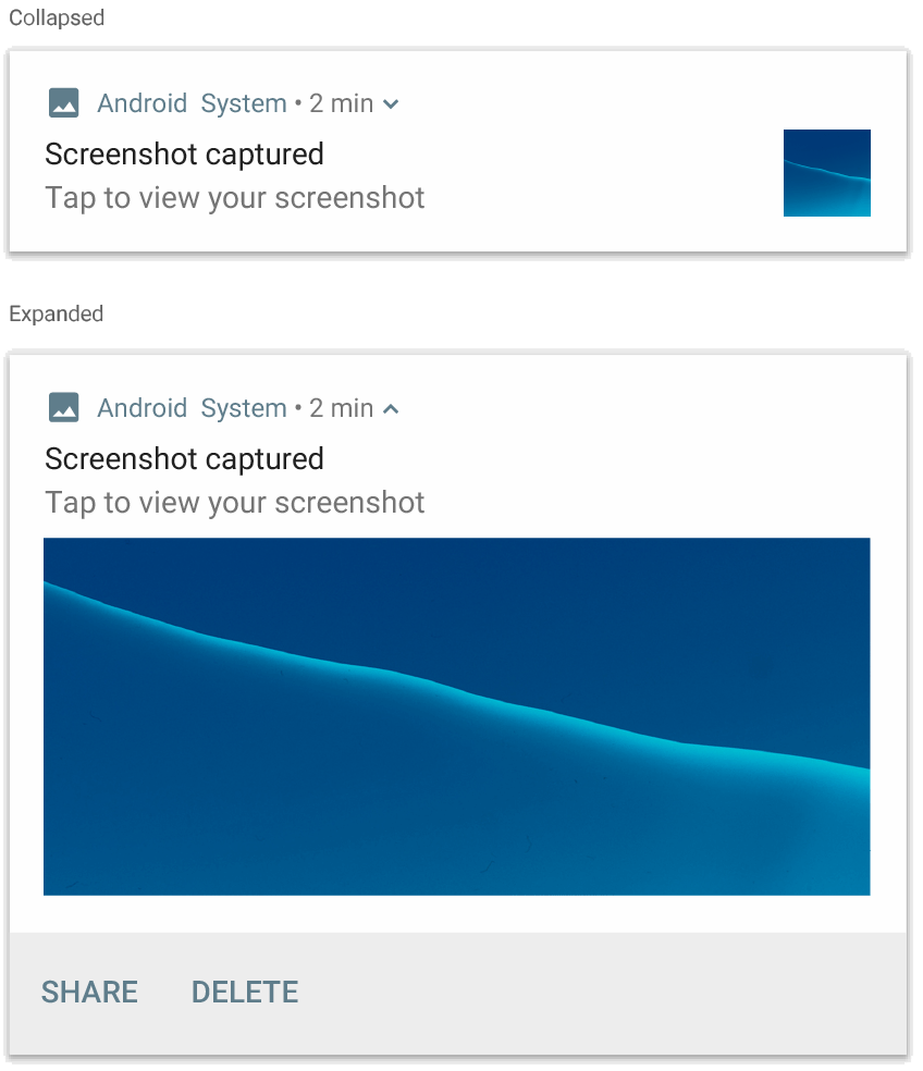 Uma imagem mostrando uma notificação recolhida e uma notificação expandida contendo uma imagem azul
