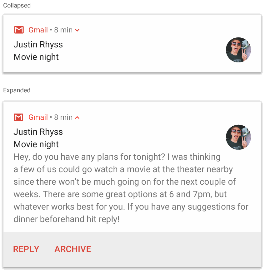 An image showing a collapsed notification and an expanded notification using BigTextStyle