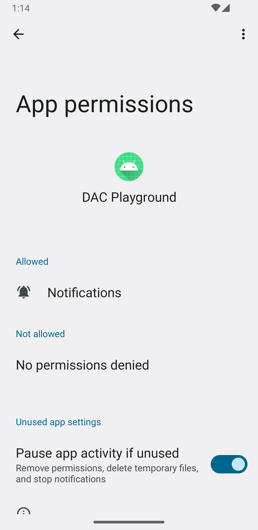 Image montrant l&#39;écran d&#39;informations sur l&#39;application après l&#39;autorisation de la demande d&#39;autorisation de notification