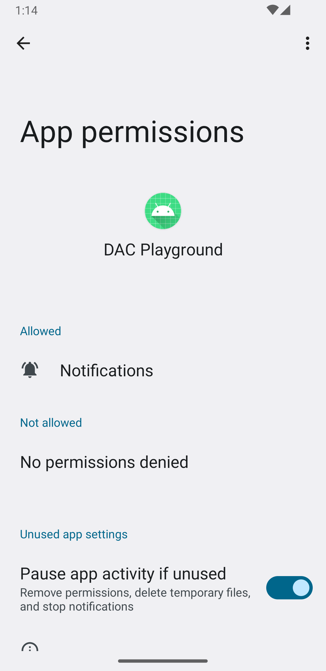 Ein Bild, auf dem der Bildschirm „App-Info“ zu sehen ist, nachdem die Berechtigungsanfrage zum Senden von Benachrichtigungen gewährt wurde