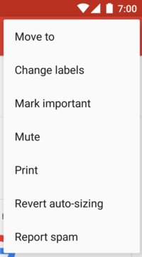 這張圖片顯示 Gmail 應用程式的彈出式選單，選單固定在右上方的溢位按鈕上。