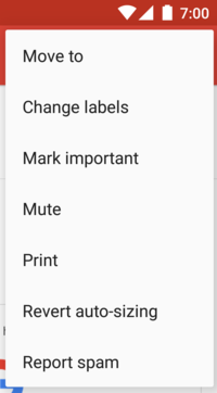 Obraz przedstawiający wyskakujące menu w aplikacji Gmail zakotwiczone do rozszerzonego przycisku w prawym górnym rogu.