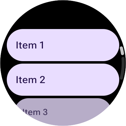 A TransformingLazyColumn with normal layout, showing Item 1 at the top and items in ascending order.