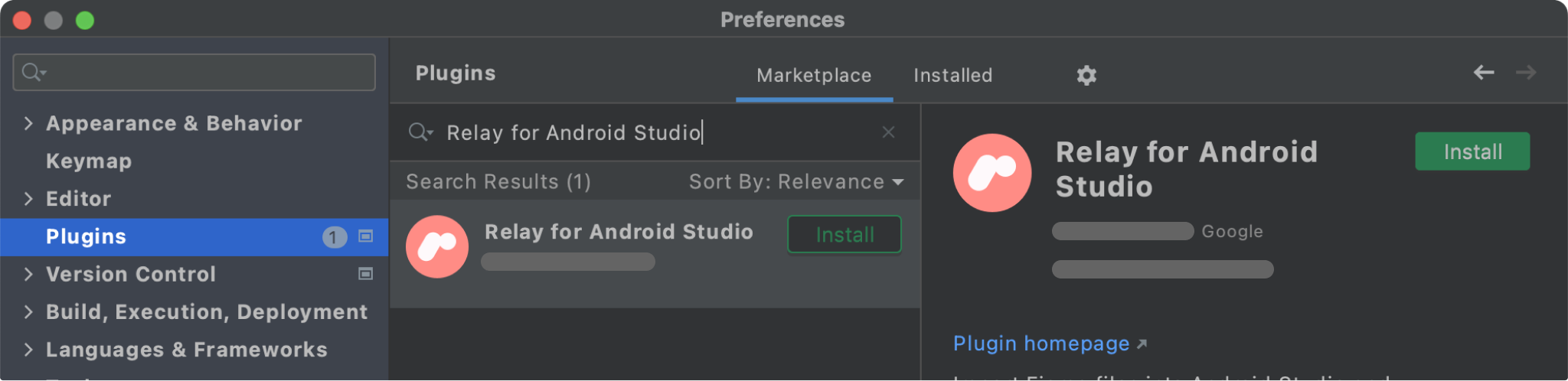 市场中的 Relay for Android Studio