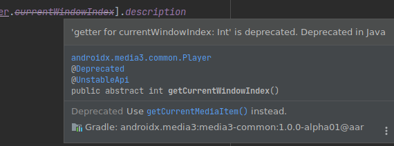 Captura de tela: como exibir JavaDoc com alternativa ao método descontinuado.