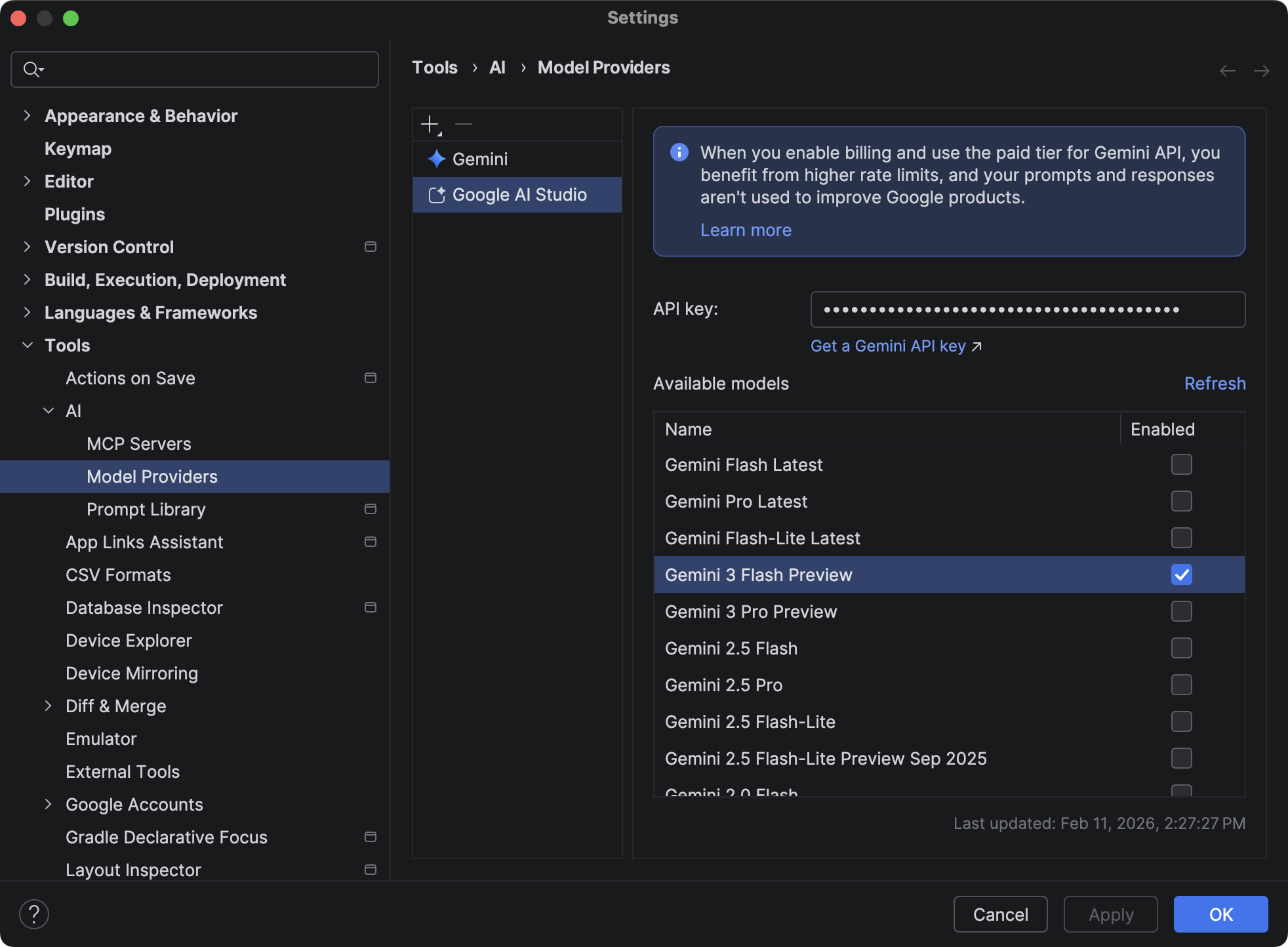 Adicionar uma chave de API do Google AI Studio nas configurações do Android Studio
            em Tools > AI > Model Providers.