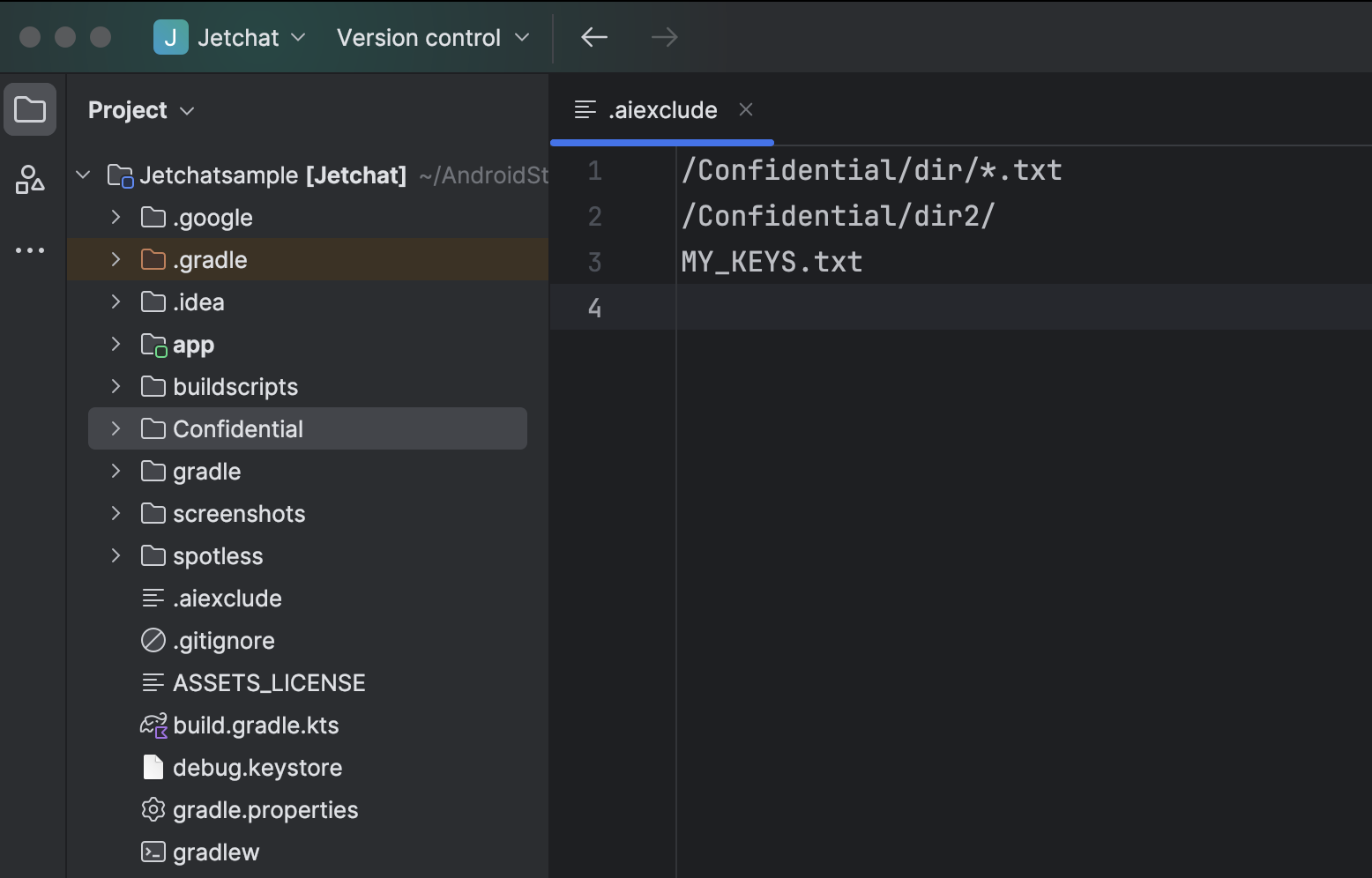 Android Studio 项目视图中项目目录内的 .aiexclude 文件。