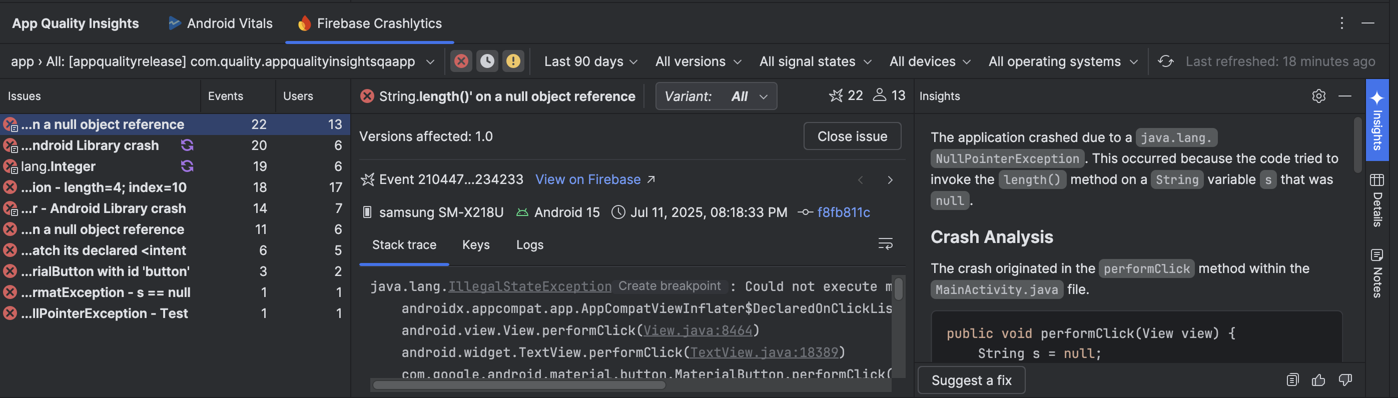 App Quality Insights 도구 창의 Gemini 인사이트
