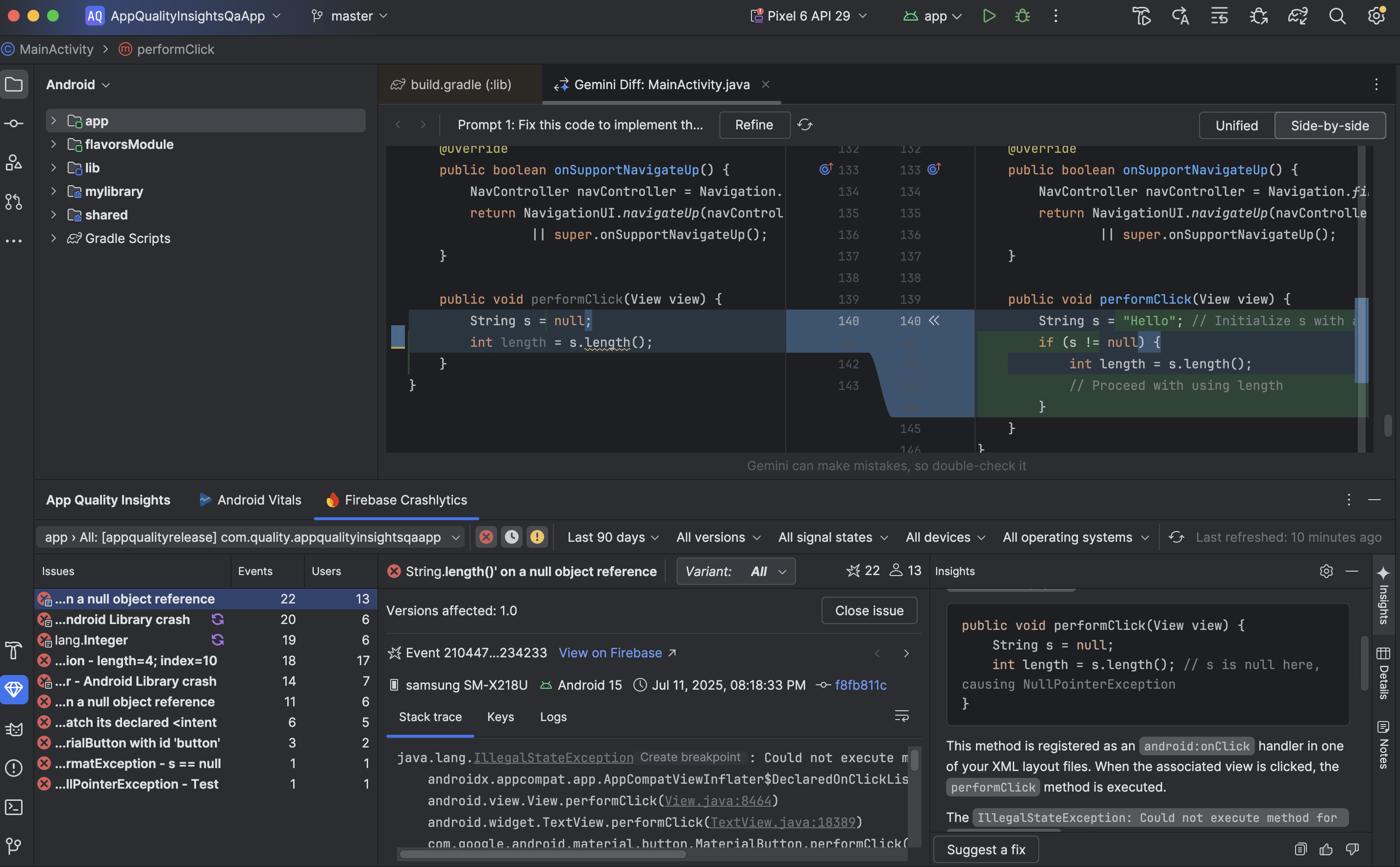 App Quality Insights 工具窗口中 Gemini 建议的修复方案
