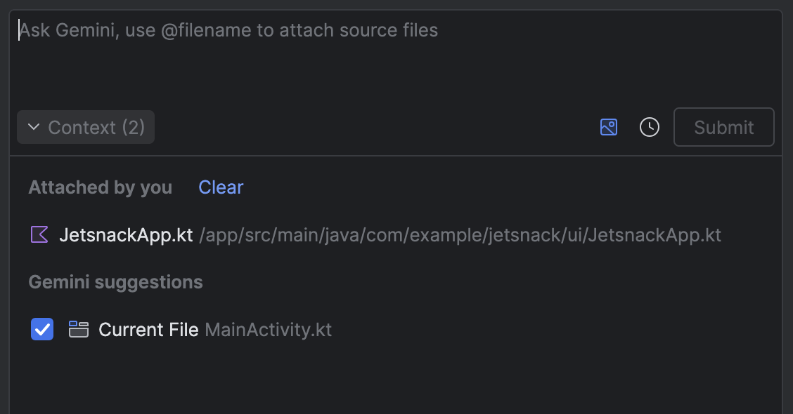 手动附加的文件和 Gemini 建议的文件