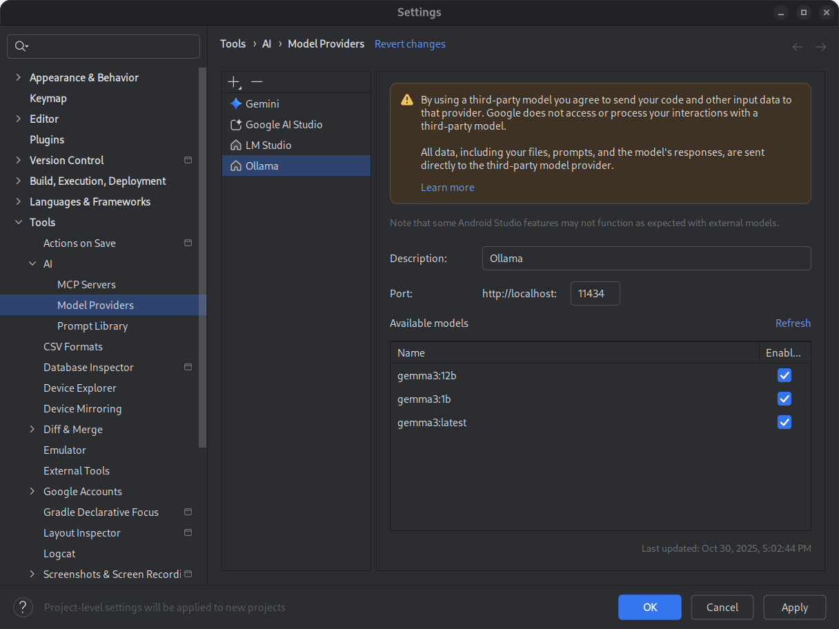 Android Studio 设置对话框,其中显示了可用本地模型的列表。